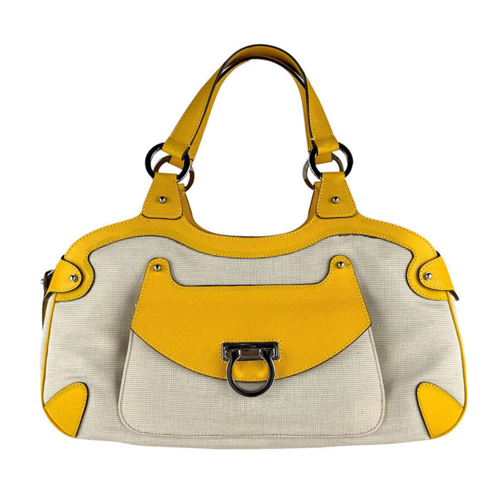 Salvatore Ferragamo handbag Gancini canvas leather Greige Gray yellow silver
